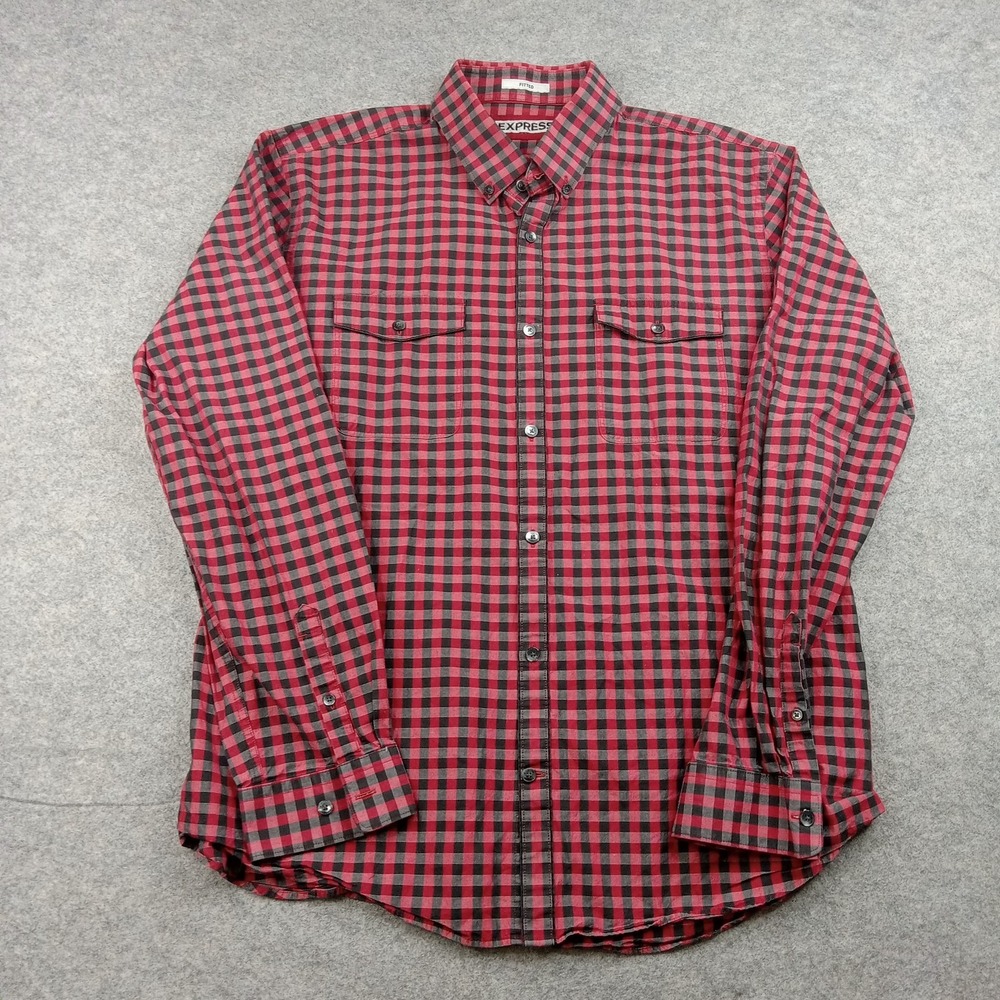 Express Shirt Mens XL Red Check Fitted Button Front Long Sleeve